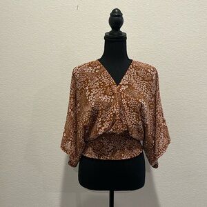 Lulus Promises Kept Brown Floral Print Sheer Smocked Top.